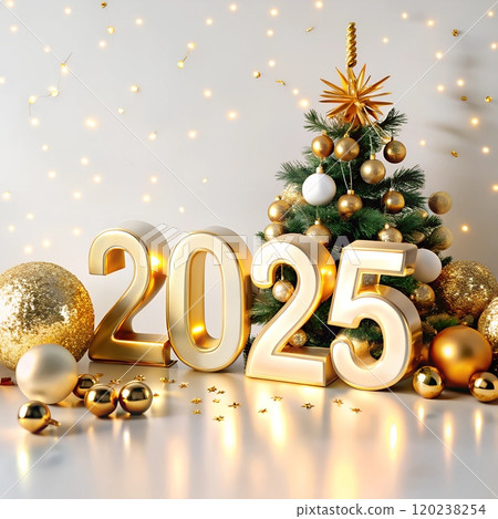 Golden "2025" numbers with a festive Christmas tree and ornaments in the background.  120238254