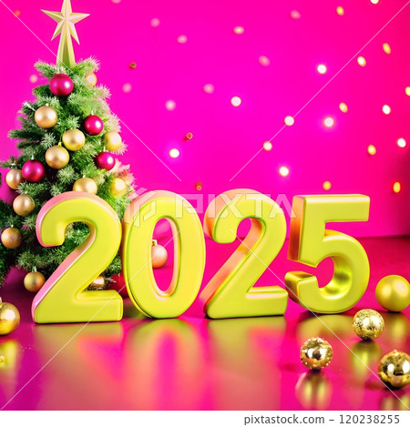 New Year 2025 celebration with decorated tree and ornaments on pink background.  120238255