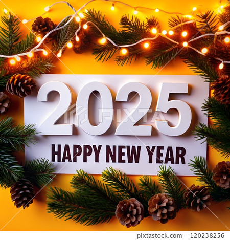 2025 Happy New Year card with pine cones, fir branches, and Christmas lights on yellow background.  120238256