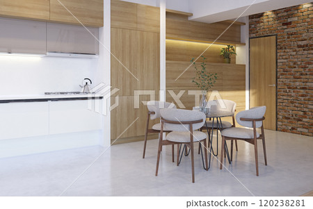 Modern dining area with minimalist wood accents Modern dining area with minimalist wood accents 120238281