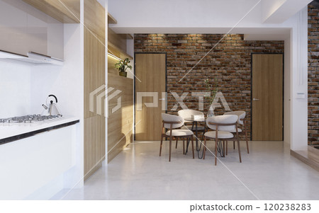 Modern dining area with minimalist wood accents 120238283