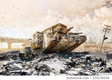 futuristic war scene with monster tank. 120238294