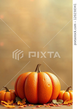 Thanksgiving day banner. Holiday background with realistic 3d orange pumpkin 120238341