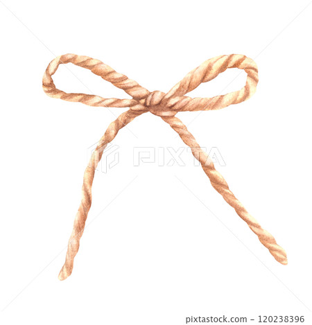Jute string, rope bow. Watercolor hand drawn illustration natural twine ribbon, eco nature brown bow knot for gift, birthday card, present decor, boho style realistic clipart isolated from background 120238396