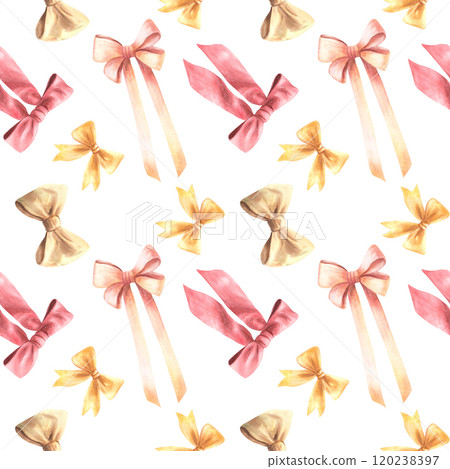 Ribbon and bow seamless pattern Watercolor Hand drawn realistic coquette style Illustration. Red, golden, beige, pink, yellow pastel coloured clipart for fabric, wallpaper on isolated white background 120238397