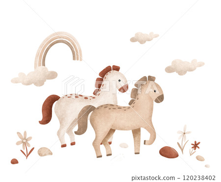 Poster with beige cartoon two horses and clouds in the sky with rainbow and flower. Template postcard for text for Baby Party. Illustration animals scandinavian style on isolated background 120238402