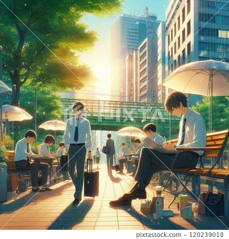 Daily life of an office worker in a city park, illustration Daily life of an office worker in a city park, illustration 120239018