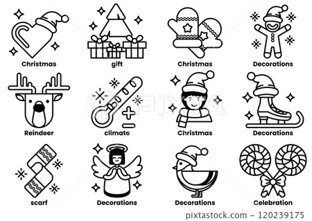 A set of illustrations in the concept of Christmas decorations in a line drawing style 120239175