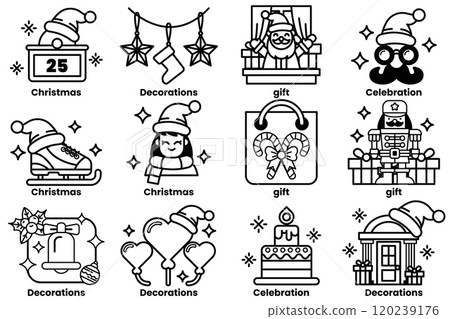 A set of illustrations in the concept of Christmas decorations in a line drawing style 120239176