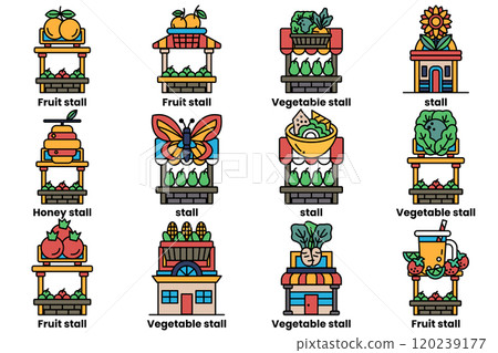A set of illustrations in the concept of street food stalls in a line drawing style 120239177