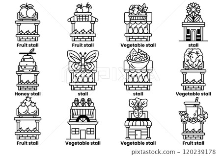 A set of illustrations in the concept of street food stalls in a line drawing style A set of illustrations in the concept of street food stalls in a line drawing style 120239178