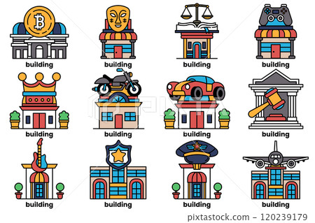 A set of illustrations in the concept of shop building in a line drawing style 120239179