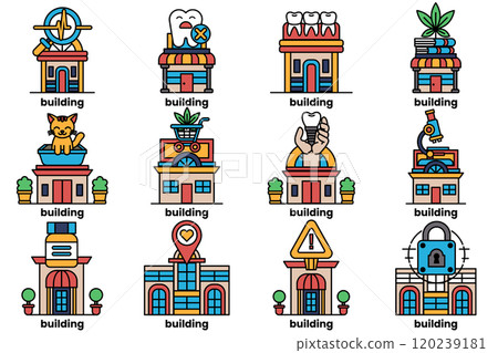 A set of illustrations in the concept of shop building in a line drawing style 120239181