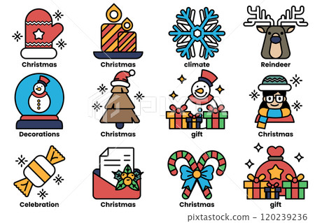A set of illustrations in the concept of Christmas decorations in a line drawing style A set of illustrations in the concept of Christmas decorations in a line drawing style 120239236