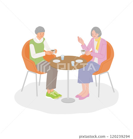 Senior life: Smiling senior woman enjoying conversation with friends at a cafe 120239294