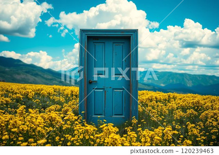 質樸的藍色門矗立在黃色花田中 120239463