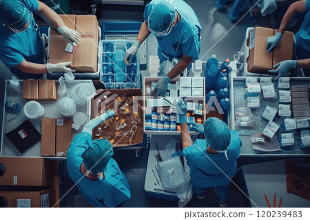 Medical professionals in scrubs and masks prepare medical supplies in a sterile environment. 120239483