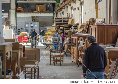 Workers move furniture in a large warehouse with multiple pieces of furniture. Workers move furniture in a large warehouse with multiple pieces of furniture. 120239485