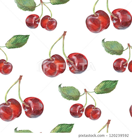 Pattern seamless of cherry bunches with leaves hand drawn in watercolor. Ripe berries on branches of berry bushes, trees. Berries are painted very brightly red, burgundy, purple and green colors. This Pattern seamless of cherry bunches with leaves hand drawn in watercolor. Ripe berries on branches of berry bushes, trees. Berries are painted very brightly red, burgundy, purple and green colors. This 120239592