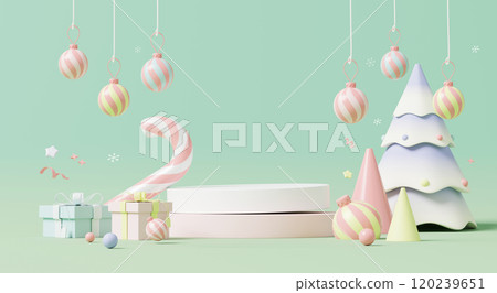3D render, pastel Christmas holiday scene with empty podium, abstract decorations, candy cane, gift boxes, and tree, in soft mint green background. 120239651