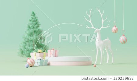 3D render, Minimalist pastel Christmas podium pedestal with reindeer, Christmas tree, gift boxes, and hanging ornaments on green background. 120239652