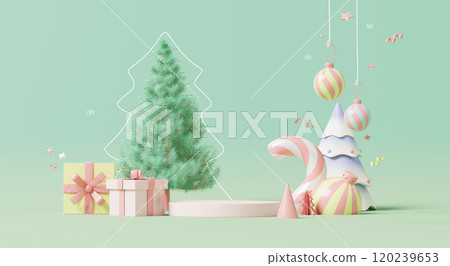 3D render, pastel Christmas holiday scene with empty podium, candy cane, gift boxes, abstract Christmas tree, and hanging ornaments on green background. 120239653
