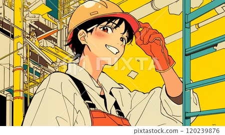 Young men working at construction sites and factories Young men working at construction sites and factories 120239876