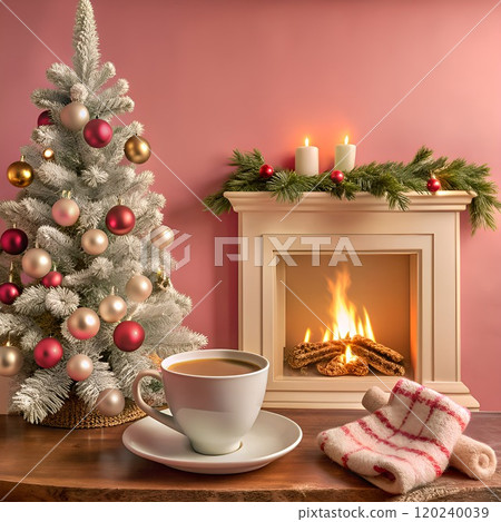 Christmas bells with red ribbon and ornaments on pine branch against sky background. Christmas bells with red ribbon and ornaments on pine branch against sky background. 120240039