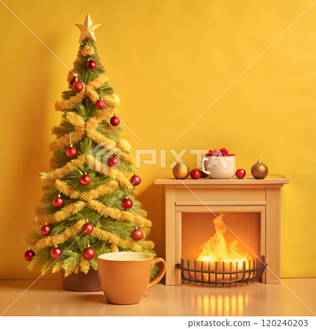 Cozy Christmas scene with a Christmas tree,... - Stock Illustration ...