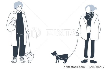Line drawing illustration set of men and women walking dogs 120240217