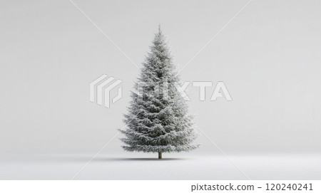 A snowy evergreen tree stands alone on a white background, showcasing the beauty of winter in a minimalistic setting 120240241