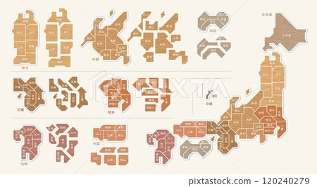 Wood grain map of Japan, color-coded by region, prefecture names, falling apart 120240279