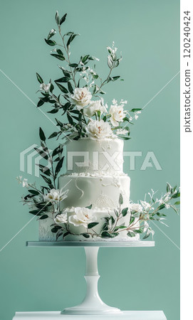 Wedding cake with beautiful flowers on solid pastel color background, copy space Wedding cake with beautiful flowers on solid pastel color background, copy space 120240424