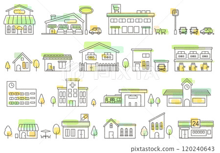 Vector illustration line drawing of cityscape and buildings (green watercolor style) Vector illustration line drawing of cityscape and buildings (green watercolor style) 120240643