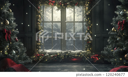 Cozy winter scene with frosted window surrounded by decorated Christmas trees 120240677