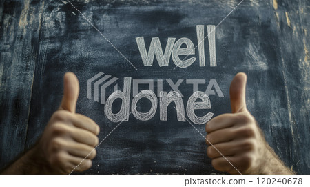 Individuals celebrating success with thumbs up in front of a chalkboard displaying the words well done 120240678