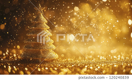A sparkling golden Christmas tree with dazzling lights during the festive season against a shimmering background 120240839