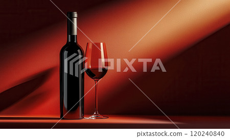 Elegant red wine bottle and glass illuminated softly against a vibrant red background 120240840