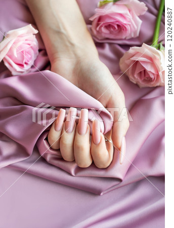 Woman showing pink manicure holding pink rose on pink silk background 120240887
