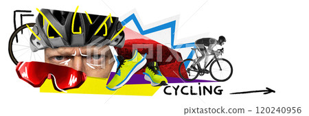 Modern collage featuring male cyclist, helmet, and shoes, blended with bold lines and colors, capturing energy and motion. Contemporary art Modern collage featuring male cyclist, helmet, and shoes, blended with bold lines and colors, capturing energy and motion. Contemporary art 120240956
