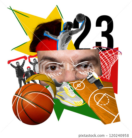 Modern basketball collage with players, basketball, and hoop, layered with abstract shapes and fan elements. Contemporary art collage. Modern basketball collage with players, basketball, and hoop, layered with abstract shapes and fan elements. Contemporary art collage. 120240958
