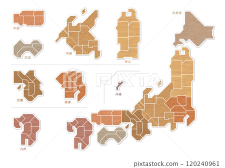 日本天然木紋地圖，按地區插圖進行色彩編碼 120240961