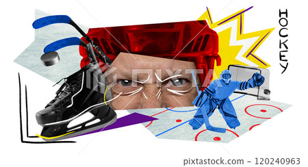 Artistic hockey collage with skates, goalie, and abstract elements in bold colors. Energy of hockey in unique visual style. Contemporary art collage. 120240963