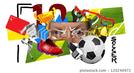 Creative soccer collage blending images of players, fans, and soccer ball with bright colors and abstract elements. Contemporary art 120240972