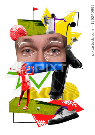 Golf elements, including players, golf ball, and green turf, layered with abstract shapes and details. Contemporary art collage. 120240992