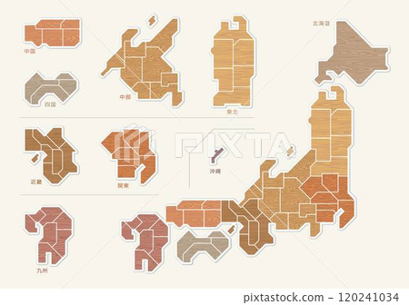 Natural wood grain map of Japan, color-coded by region, illustration 120241034