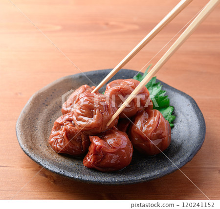 Pickled plums Kishu Nanko plums (wood grain background) 120241152