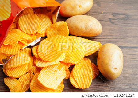 Potato chips , delicious BBQ seasoning spicy for crips, thin slice deep fried snack fast food. 120241224