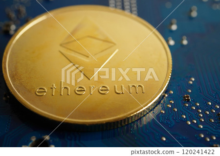 Golden bitcoin on circuit mainboard computer for business and commercial, Digital currency, Virtual cryptocurrency. 120241422