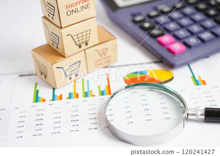 Online shopping, Shopping cart box on business graph, import export, finance commerce. Online shopping, Shopping cart box on business graph, import export, finance commerce. 120241427